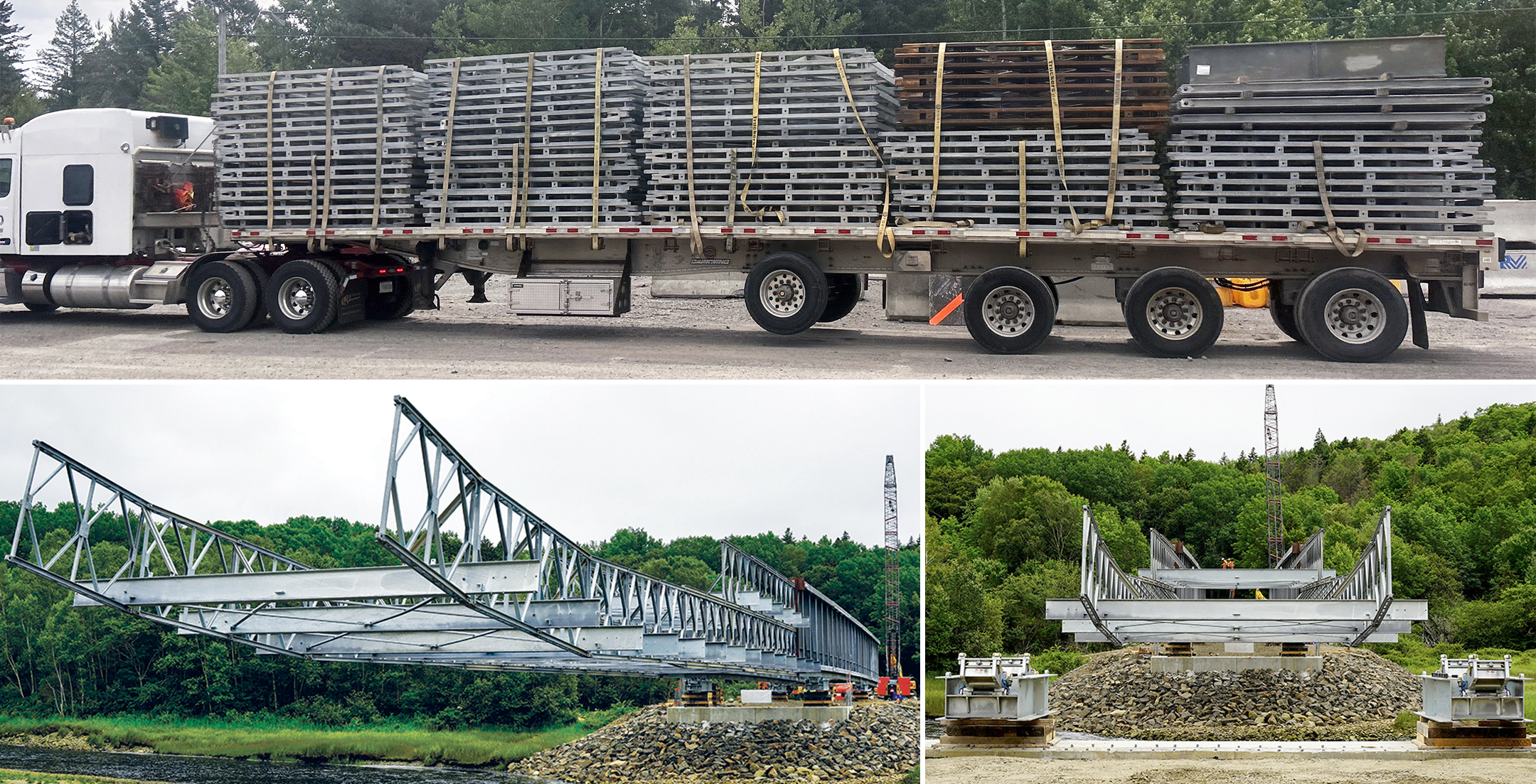 R800 Modular Rental Bridge components on truckbed and cantilever launched