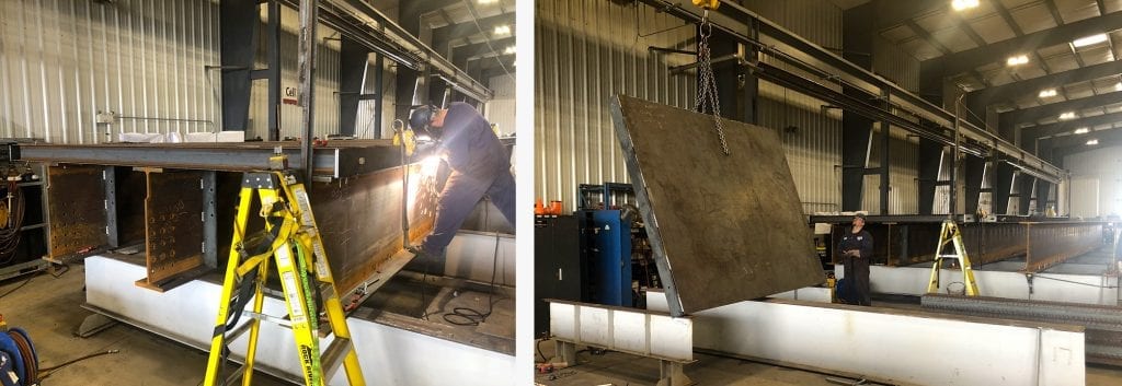 Welding and deck-panel lift for girder bridge in Algonquin Bridge plant