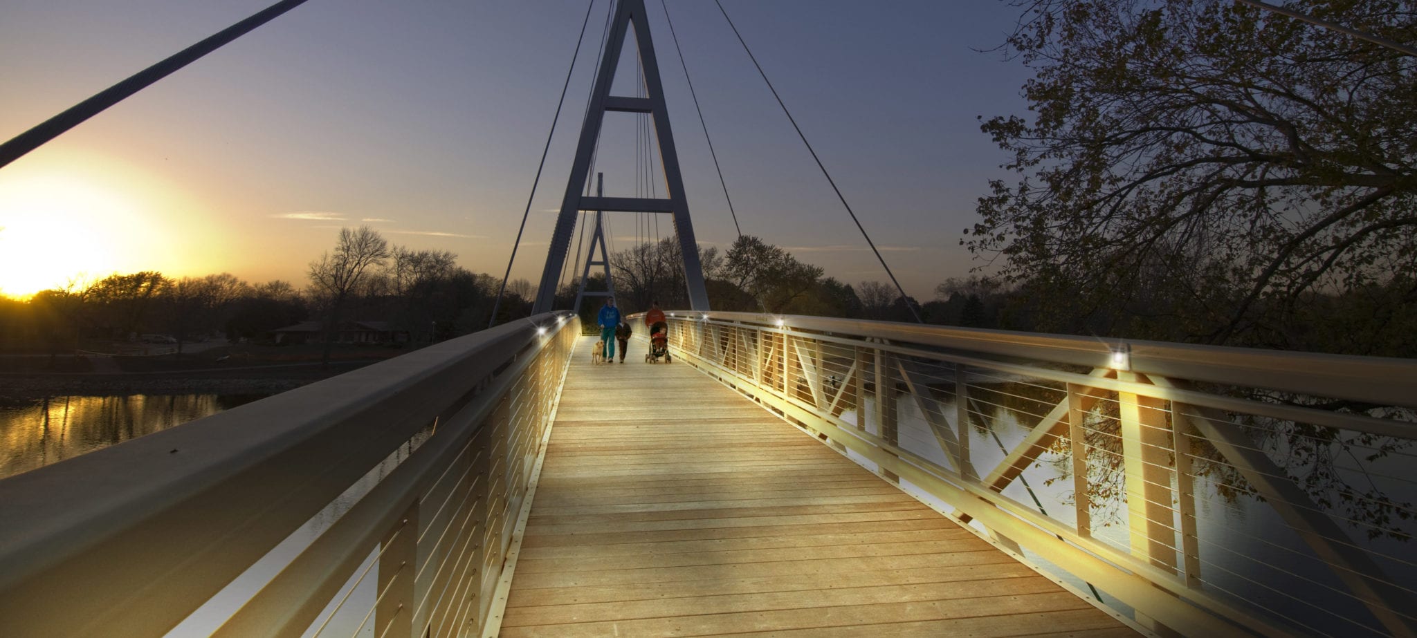 Cable-stayed pedestrian bridge design with architectural lighting