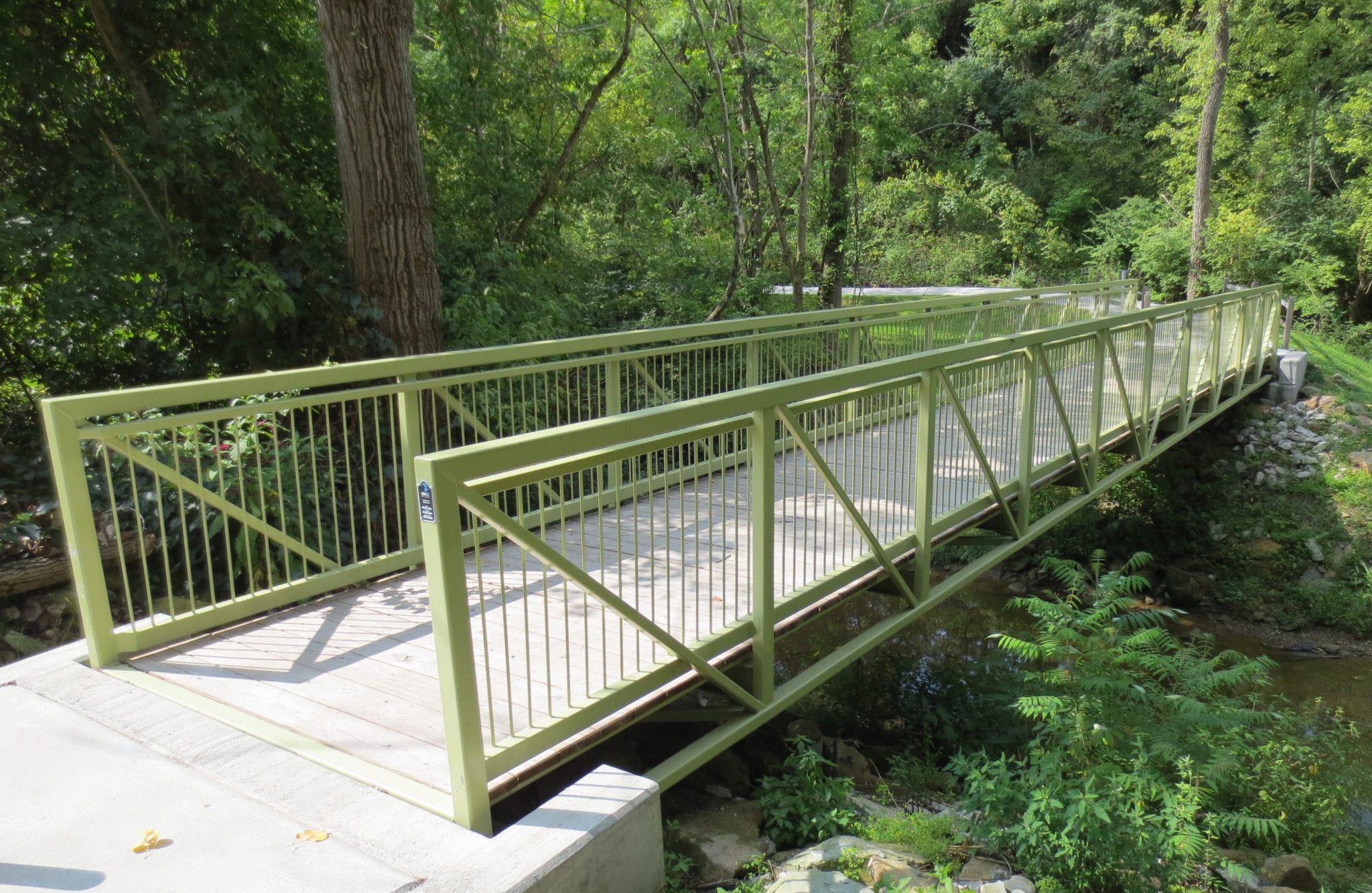 Green painted hiking trail bridge design in forest setting