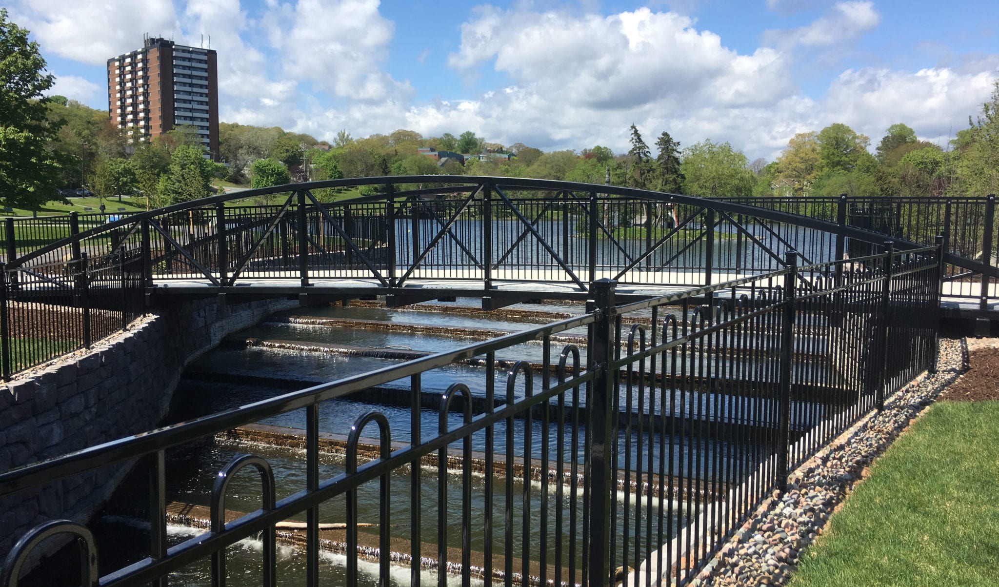 : Black enameled pedestrian bridge design ties into park railing