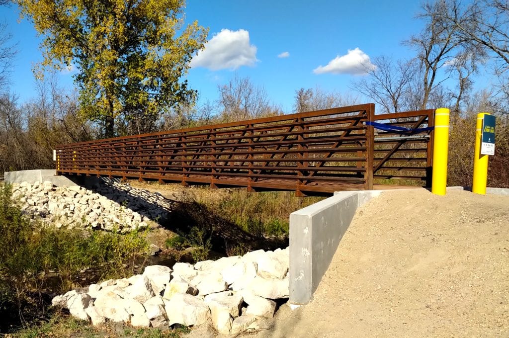 Wide view of new prefabricated pedestrian trail bridge