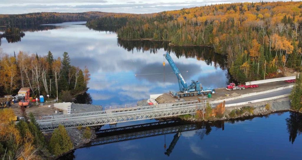 Fall aerial view of installed rental detour bridge 