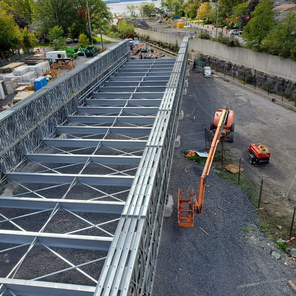 Overhead view of temporary Bailey Bridge installation