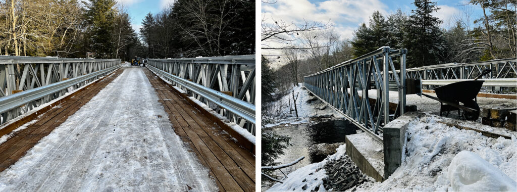 Two alternate views view of Bailey-Bridge-style snowmobile bridge