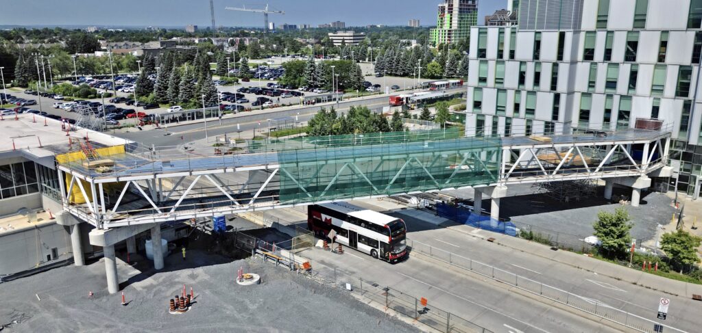 Aerial view of Algonquin LRT station pedestrian bridge