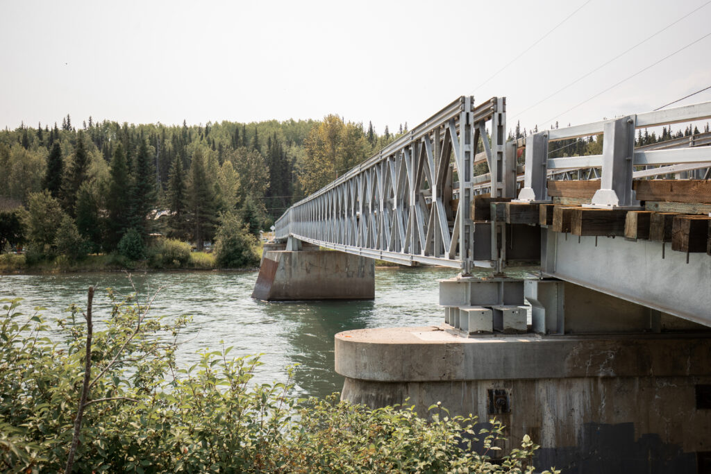 Algonquin Mabey Bridge crossing a stream, angled view