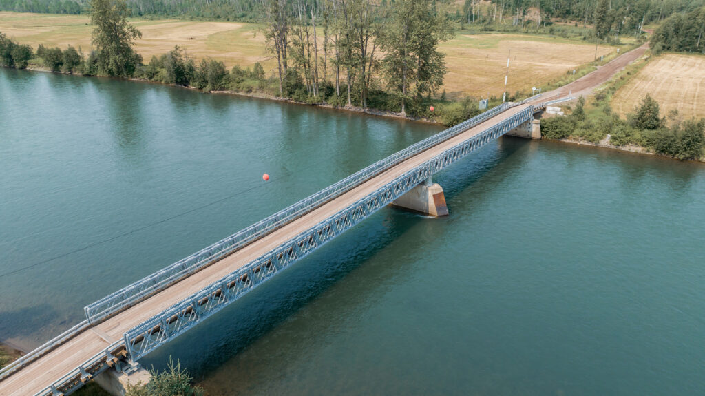 Algonquin Mabey Bridge crossing a stream, aerial side view