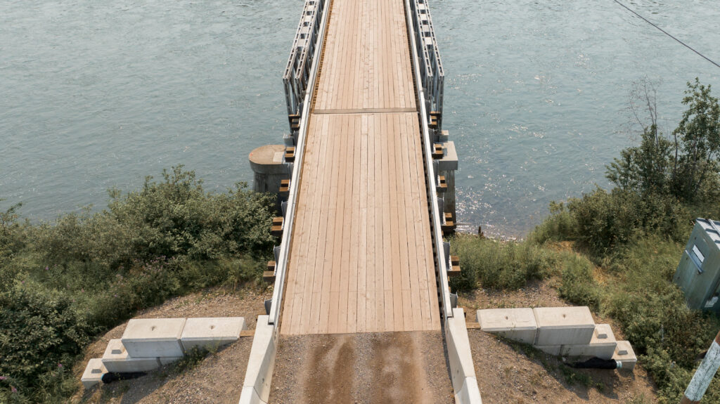 Algonquin Mabey Bridge crossing a stream, aerial front view