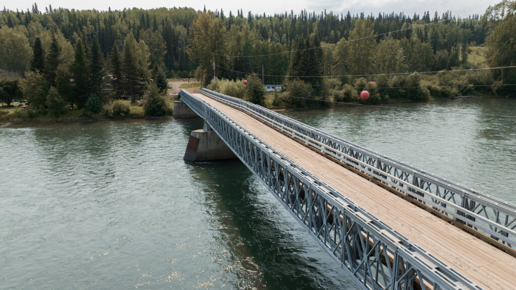 Algonquin Mabey Bridge crossing a stream, aerial side view