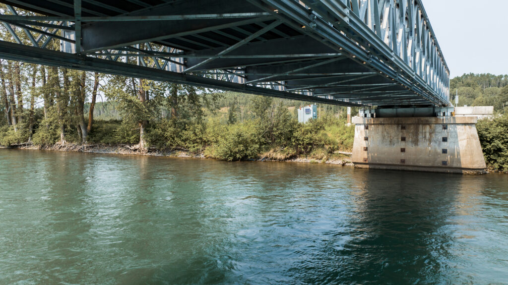 Algonquin Mabey Bridge crossing a stream, view from below