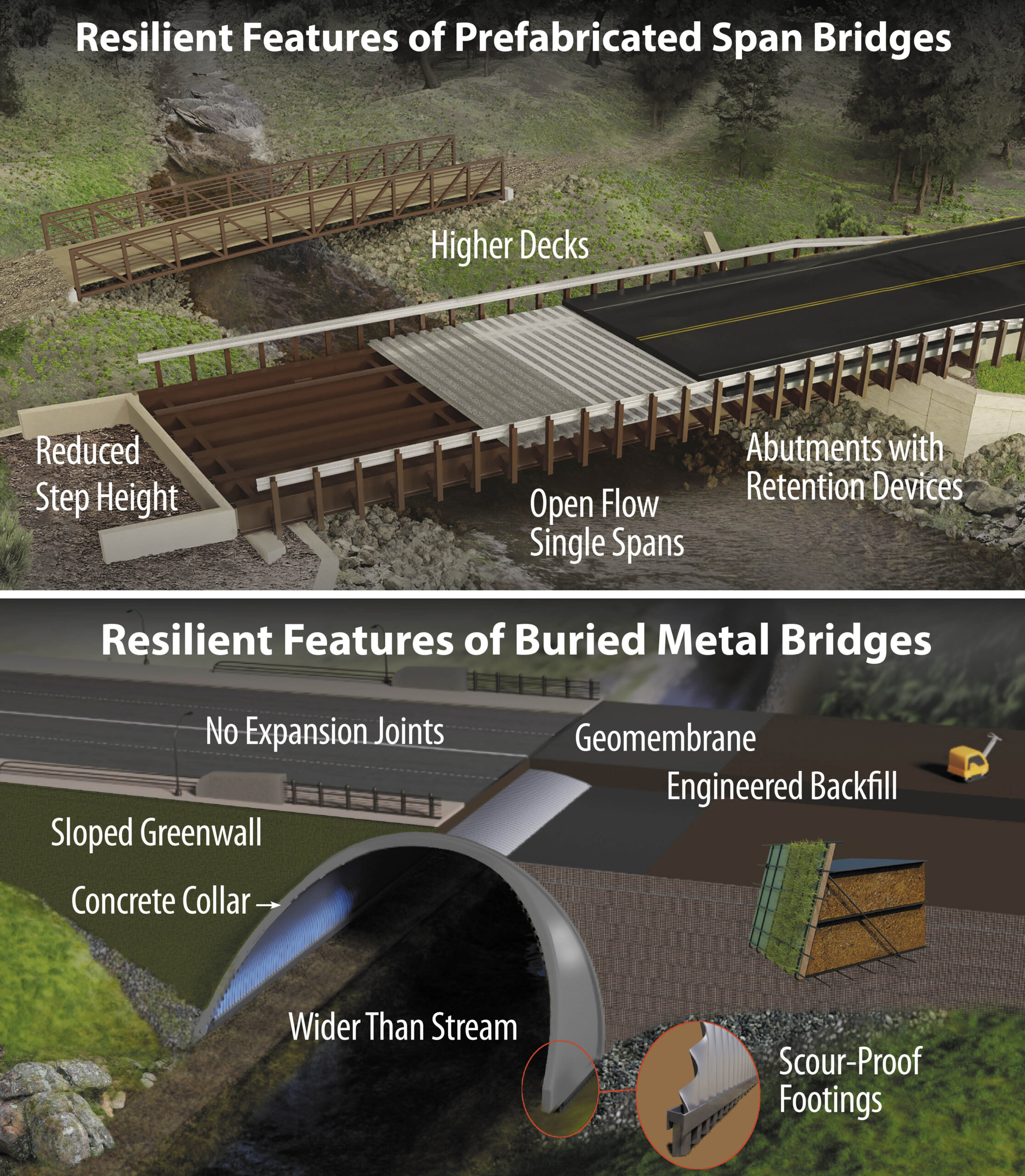 Artist rendering of Climate change resilience of Buried Metal Bridges and Prefabricated Bridges