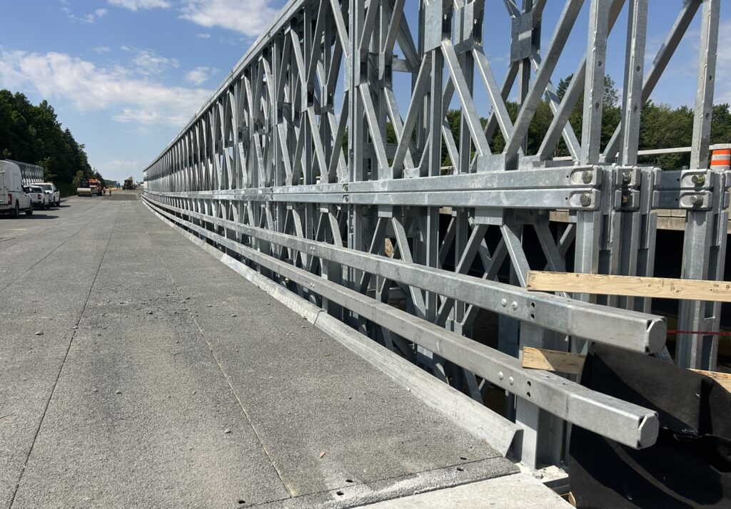 Detail view of Bailey-Bridge-style detour bridge