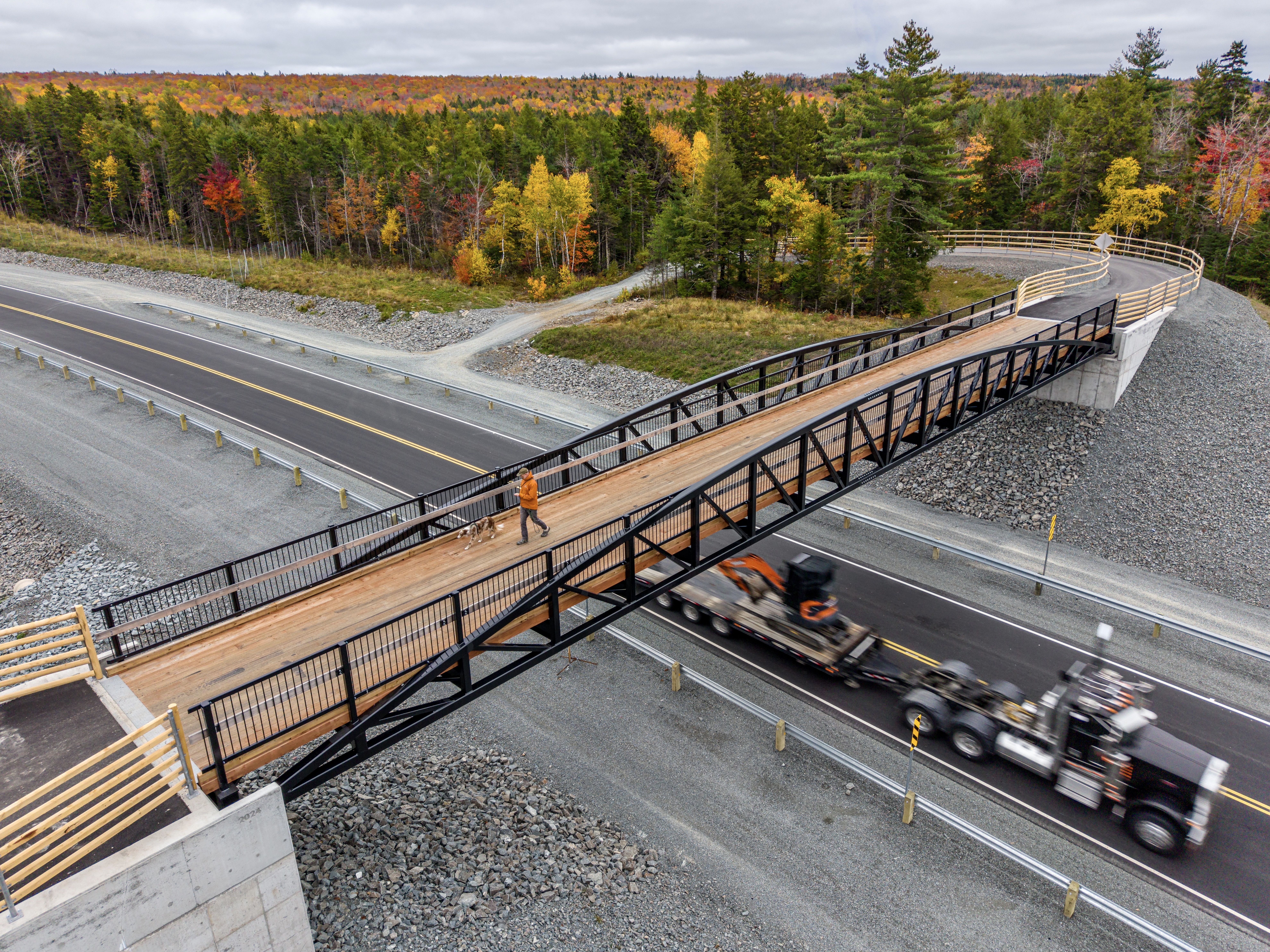 Aerial view of prefabricated trail bridge