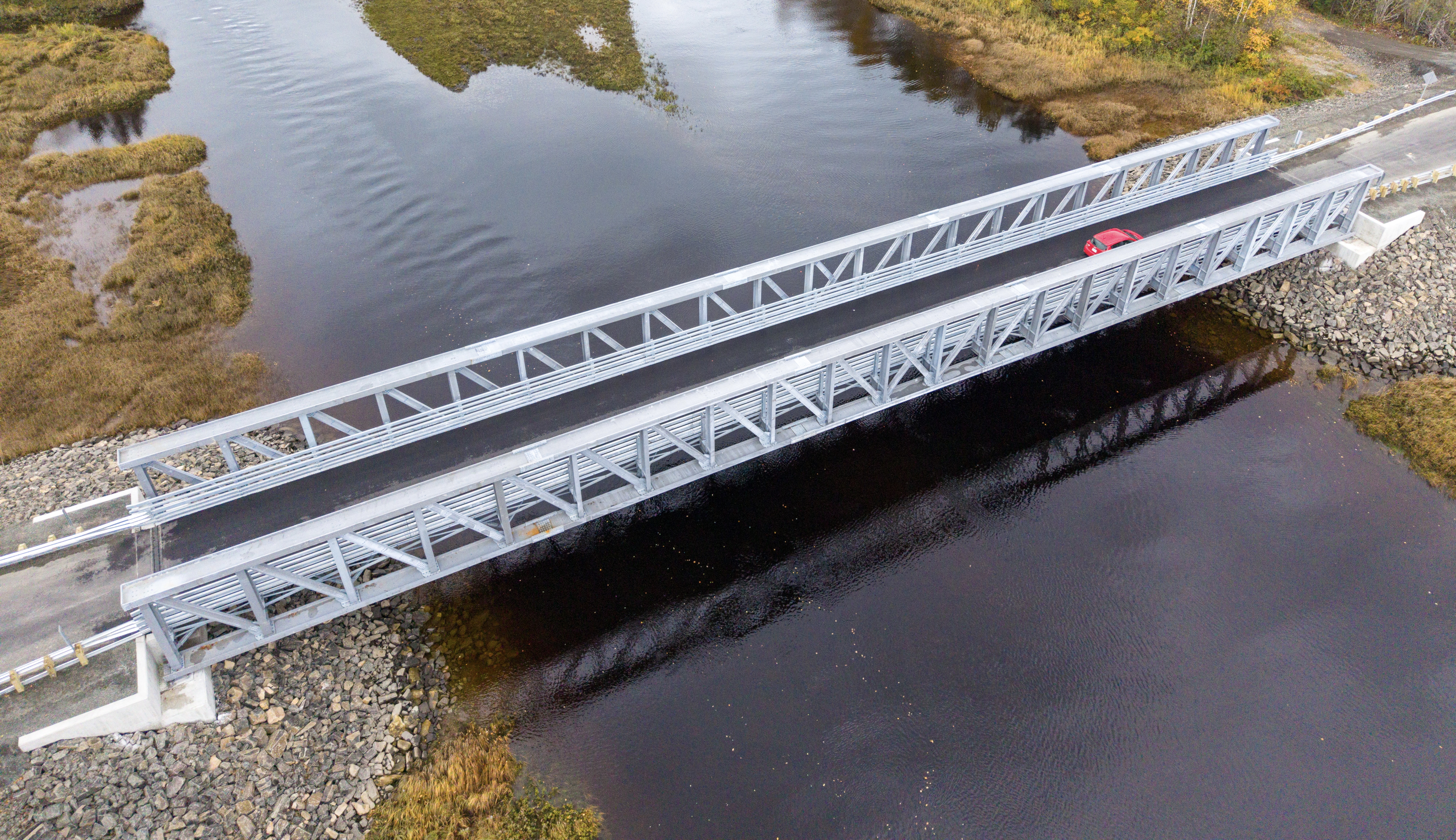 Aerial view of modular bolted truss-bridge