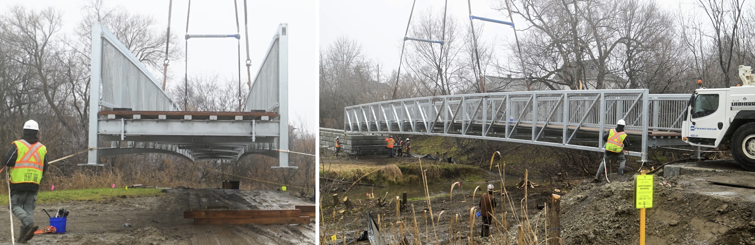 Two views of pedestrian bridge installation