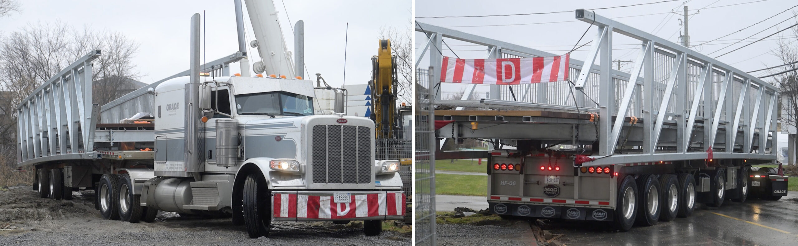 Two views of pedestrian bridge sections on flatbeds