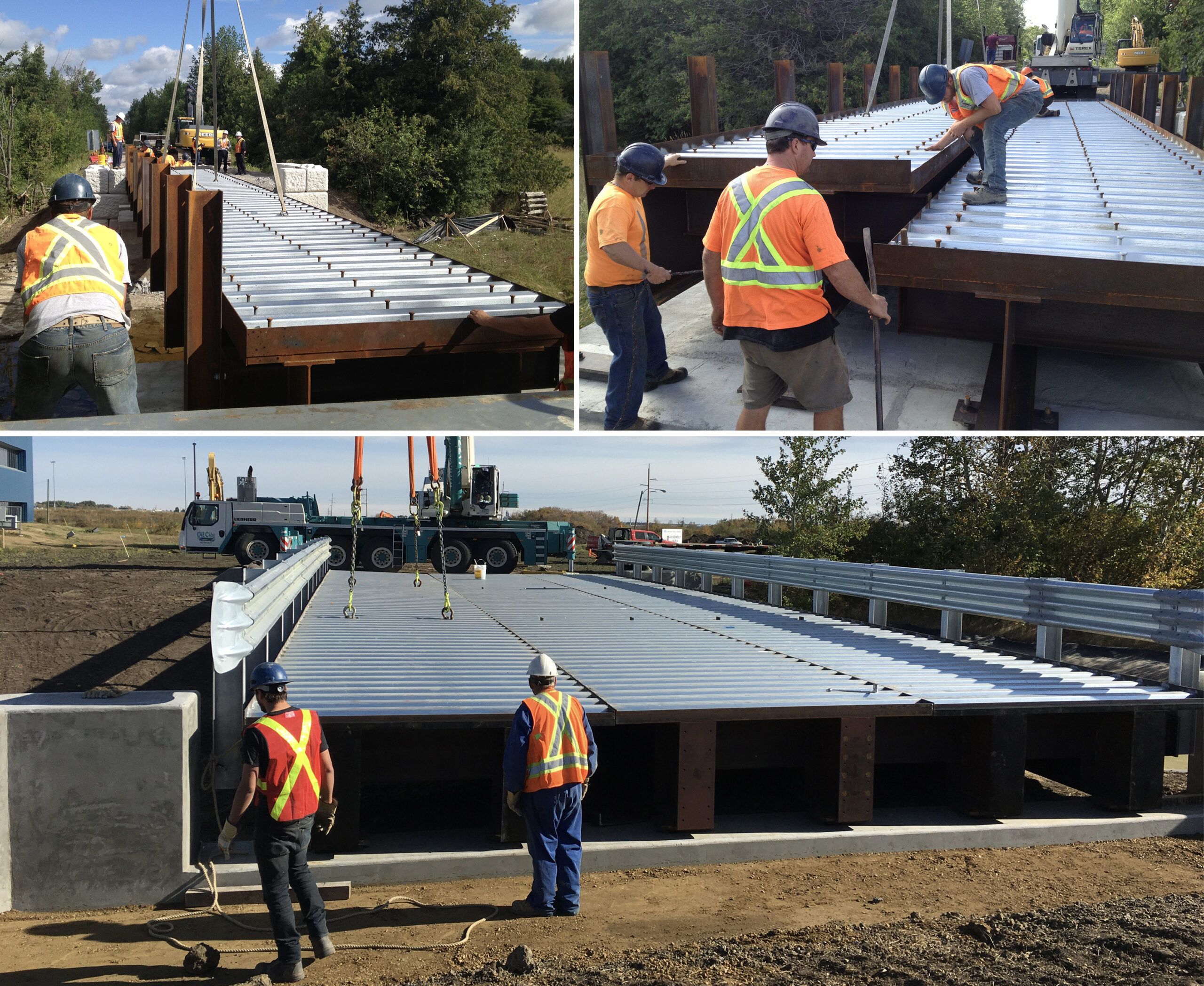 Workers in safety vests assembling steel girder bridge