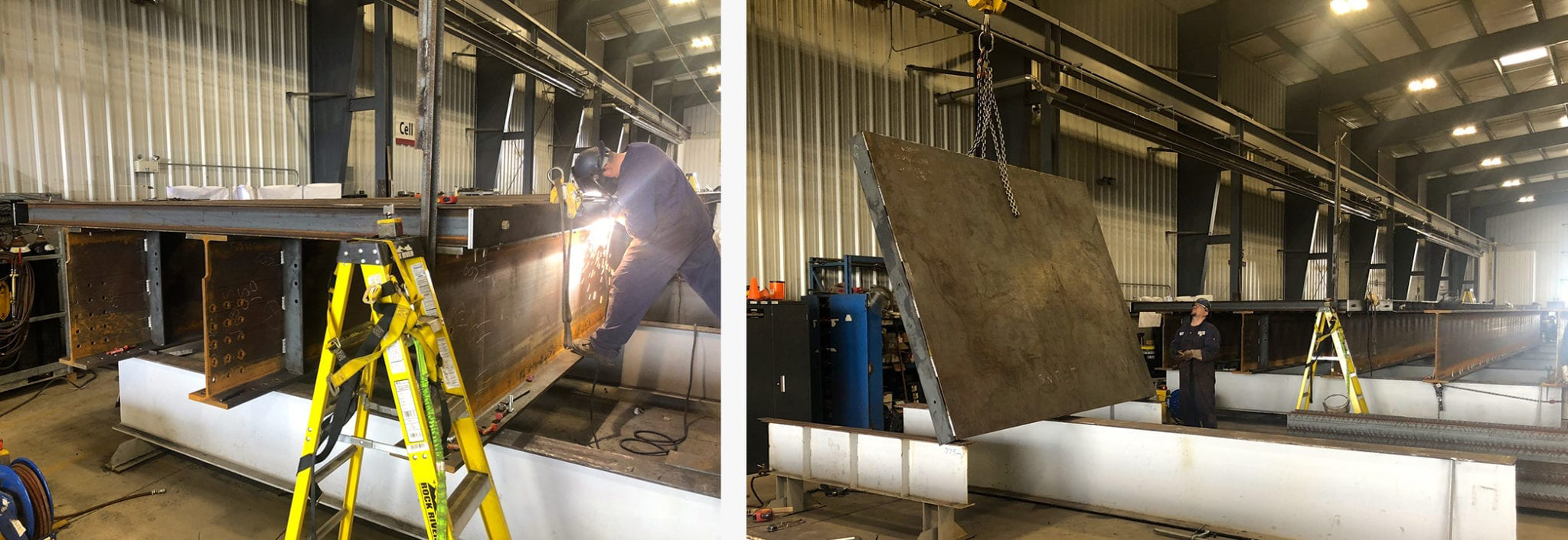 views of workers producing steel girders in a factory setting