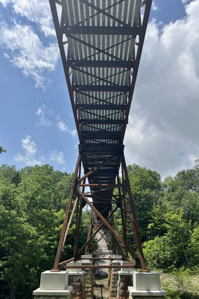 Underside view of prefabricated pedestrian bridge and piers