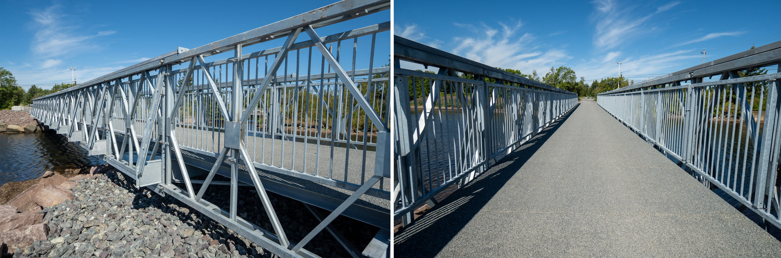 Angled views of safety rails and steel decking on R800 bridge