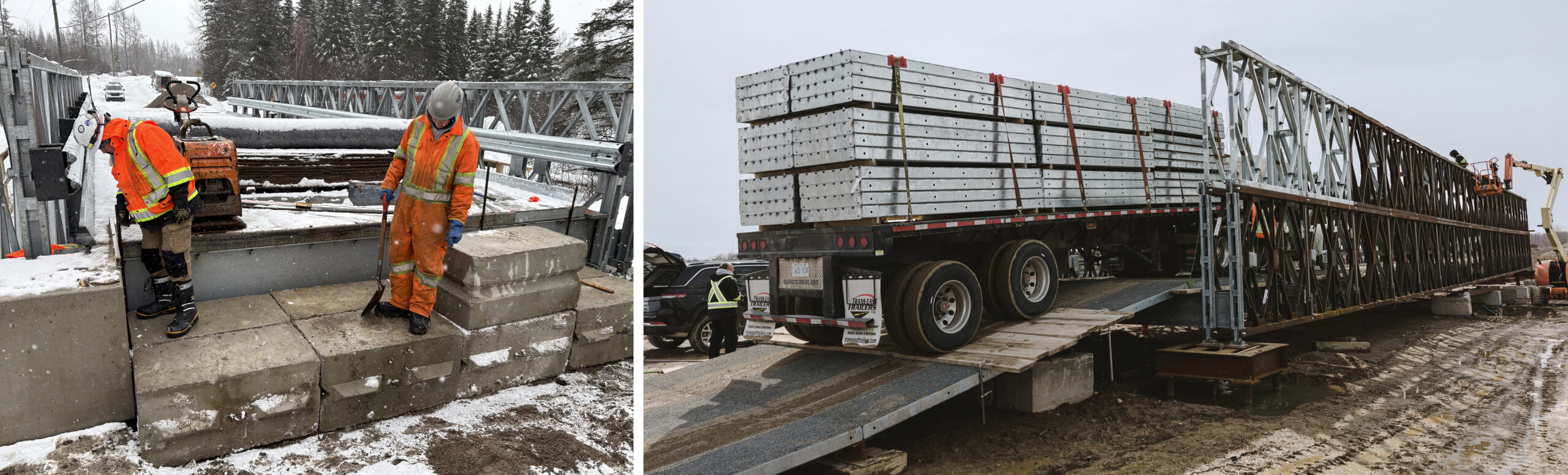 Angled view of truck using precast concrete blocking for adjustable approach ramp